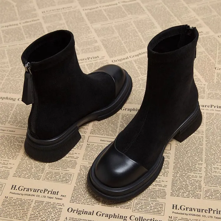 秋新网红女短靴复古粗跟靴潮流棕厚底瘦瘦靴2025时尚马丁靴新款