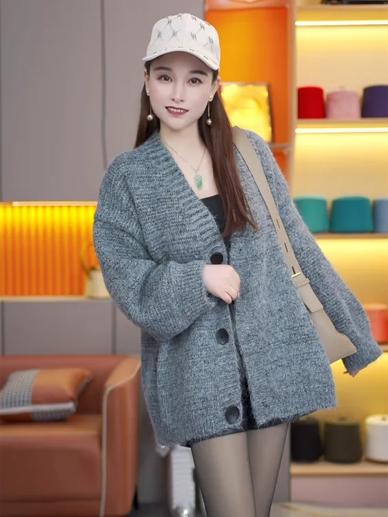 设计感慵懒风轻熟风开衫毛衣外套秋冬女装针织衫宽松上衣oversize