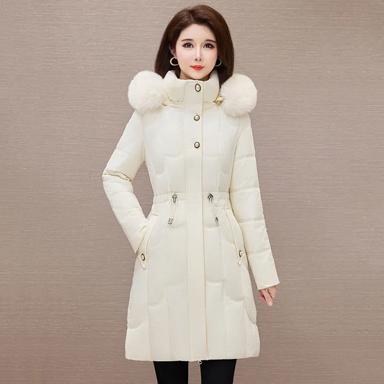 中长款修身棉服女2025冬季新款脱卸帽棉衣收腰显瘦大毛领棉袄外套