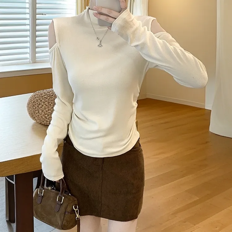 性感辣妹露肩设计半高领长袖T袖秋季2024新款修身显瘦打底上衣女