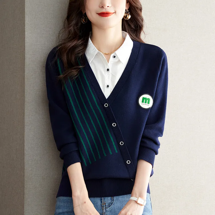 秋冬新款大码拼接假两件上衣女士宽松显瘦遮肉秋冬毛衣针织打底衫