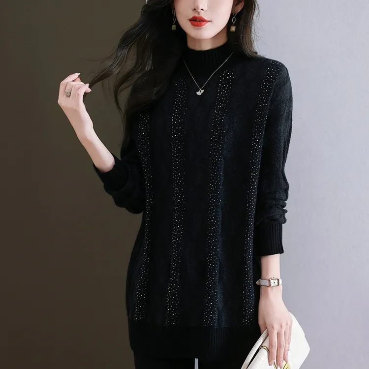 大码女装秋冬加肥加大半高领毛衣宽松显瘦慵懒风中长款针织打底衫