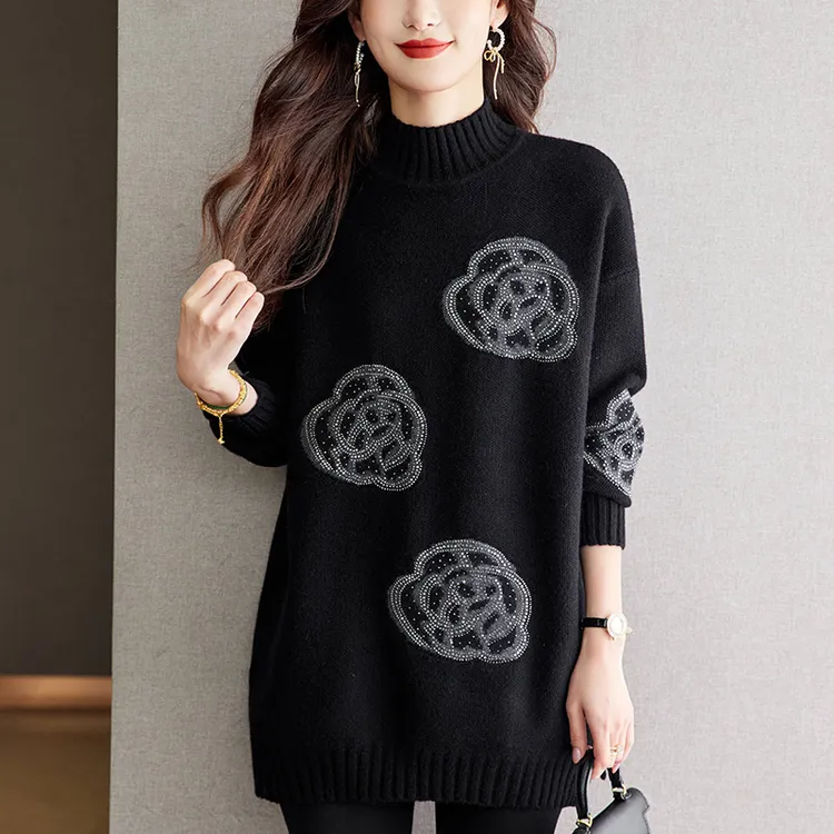 打底衫女款爆款2024新款秋冬中长款毛衣宽松加肥加大半高领针织衫