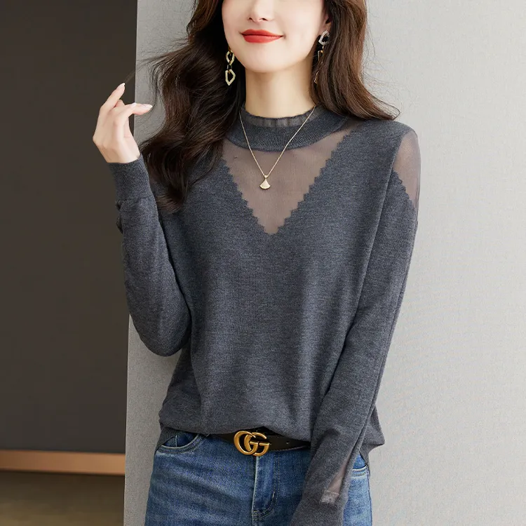 大码春装半高领蕾丝上衣女春秋宽松洋气遮肚子显瘦薄款针织打底衫