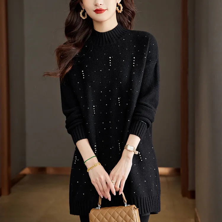 大码中长款打底衫女秋冬加肥加大慵懒风毛衣宽松显瘦半高领针织衫