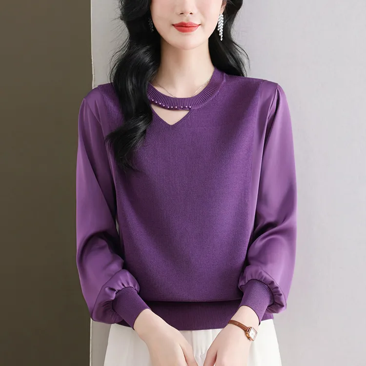 大码高级感冰丝针织衫春秋显瘦遮肉宽松洋气上衣女雪纺拼接打底衫