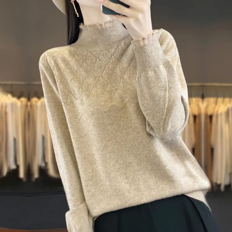 蕾丝打底衫女春秋洋气百搭大码针织衫宽松显瘦秋冬内搭半高领毛衣