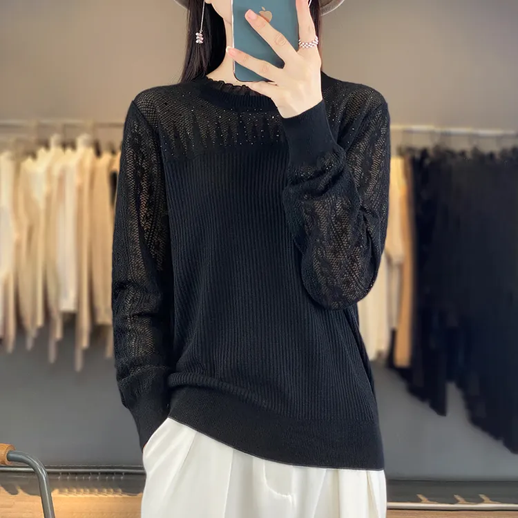 蕾丝打底衫女秋装2024新款薄款毛衣宽松显瘦洋气镂空大码针织上衣