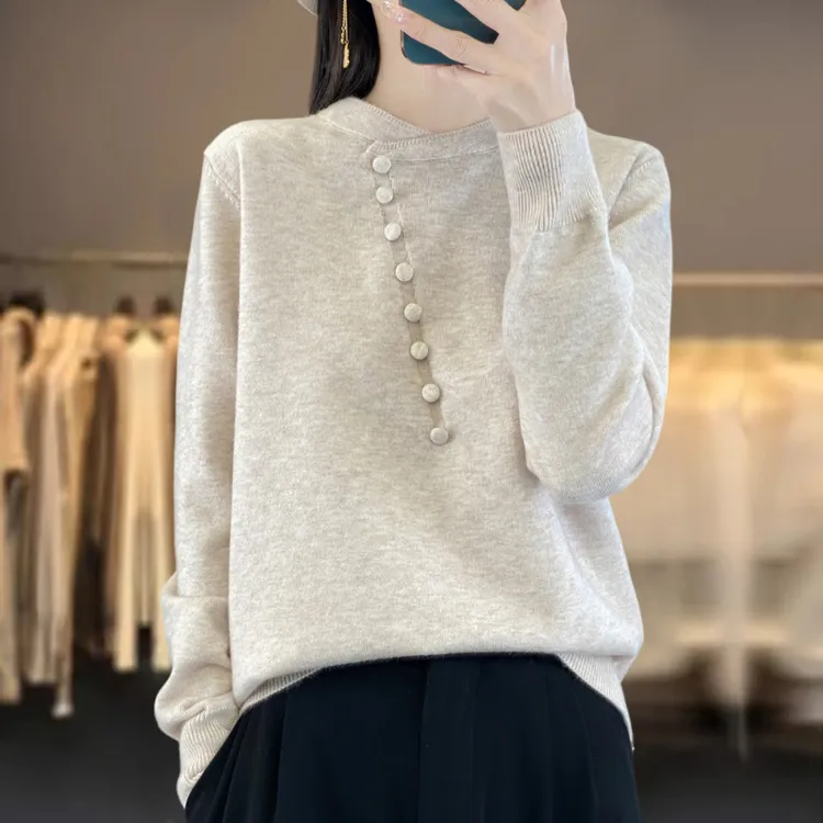 秋装2025新款洋气别致上衣女大码毛衣遮肚显瘦宽松长袖针织打底衫