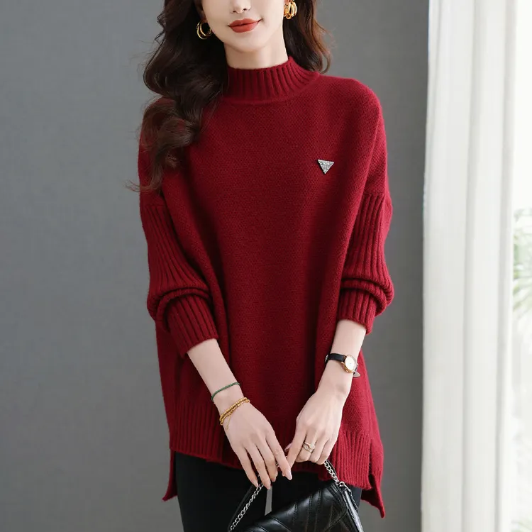 洋气时髦打底衫女中长款显瘦红色毛衣秋冬大码宽松半高领针织上衣