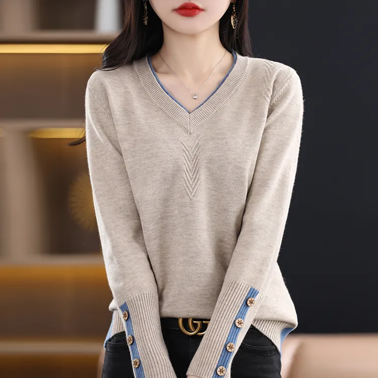 秋装新款大码V领上衣女宽松长袖针织衫洋气显瘦遮肚子毛衣打底衫