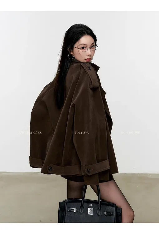 秋冬气质外套2024春秋季新款麂皮绒翻领风衣小众外套女高级感上衣