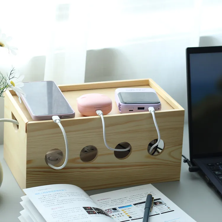 免打孔木质插线板集线盒插排电源线收纳盒办公客厅卧室插座理线盒