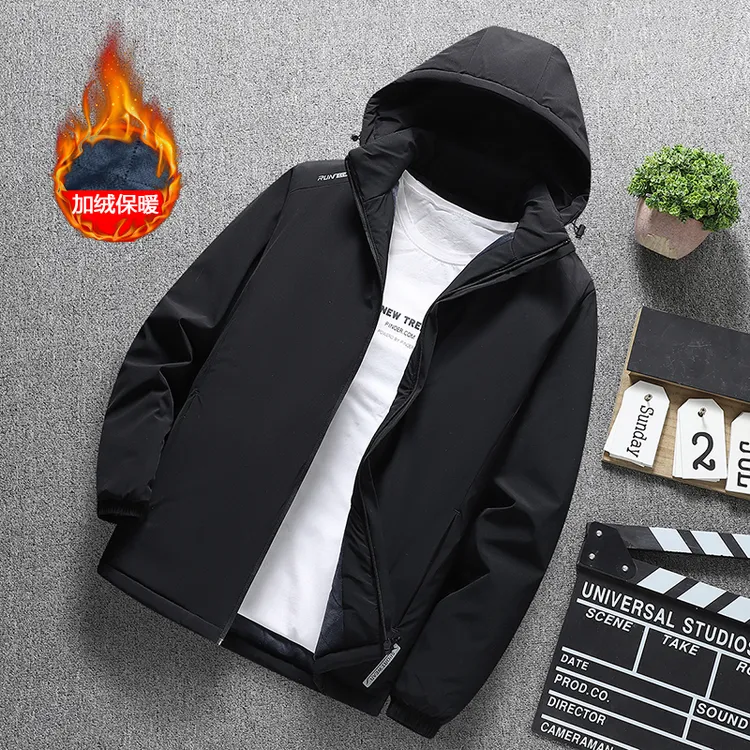 男士外套秋冬季加绒加厚春秋款户外夹克运动休闲中老年人连帽棉衣