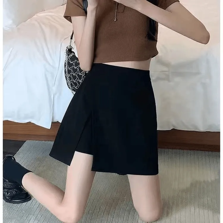 大码胖mm不规则防走光女半身裙黑色百搭a字裙高腰显瘦时尚短裙裤