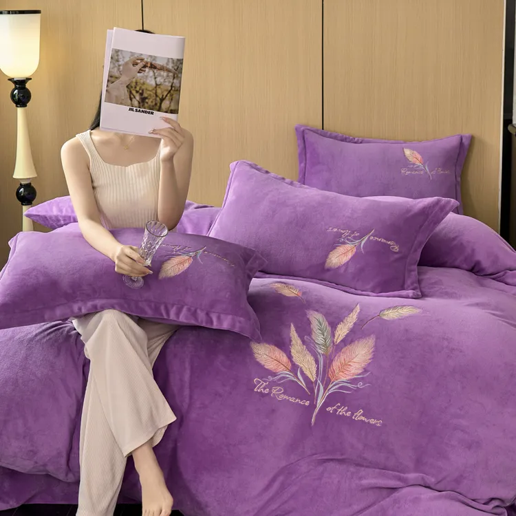 2024秋冬新品加绒加厚毛绒牛奶绒绣花系列四件套水晶绒双面绒绒面