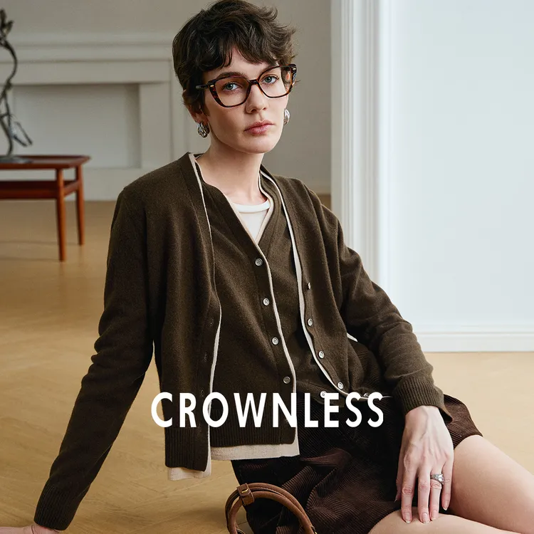 CROWNLESS未冕新品智性M1U风100%柔绒假两件拼色针织开衫女
