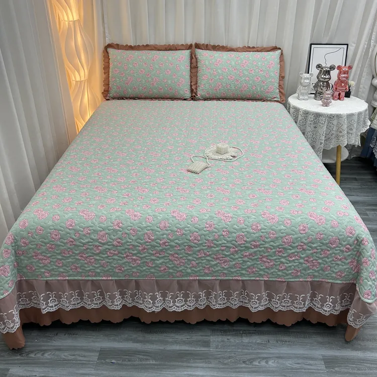 韩版四季公主风绗缝夹棉防滑床盖床裙蕾丝花边榻榻米【单床盖】