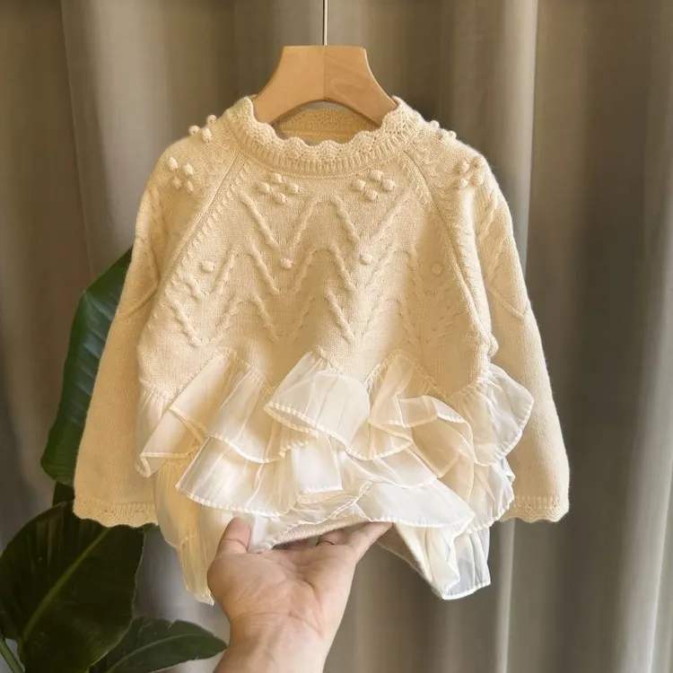 女童毛衣春秋新款韩版女宝宝韩版套头衣服洋气中大童蕾丝裙衫百搭