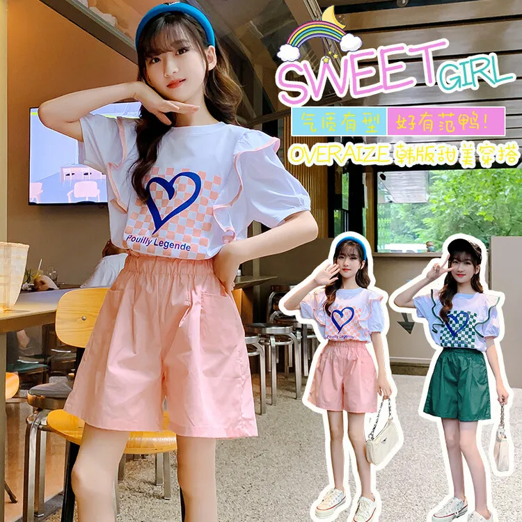 女童网红夏季2025新款洋气儿童韩版宽松短袖短裤小女孩休闲两件套