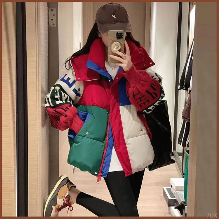 冬季新款羽绒服欧洲站时尚宽松显瘦拼接连帽针织袖字母短款休闲