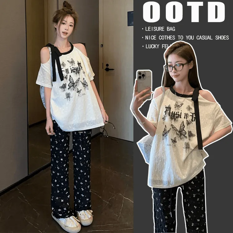 孕妇夏季小众洋气露肩短袖T恤上衣+抽绳阔腿休闲裤时尚减龄两件套