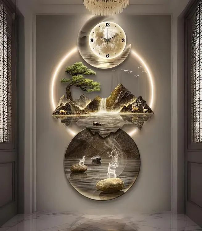 中式带钟表时间亚克力玄关装饰画流水生财走廊挂画九鱼图山水壁画