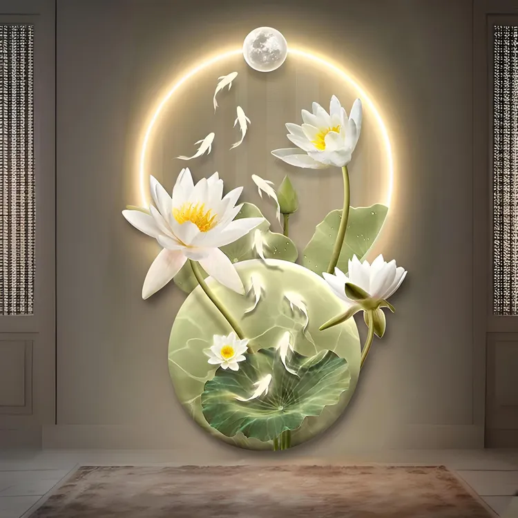 九鱼入户门玄关装饰画中式荷花走廊过道正对墙挂画高级感时尚挂画