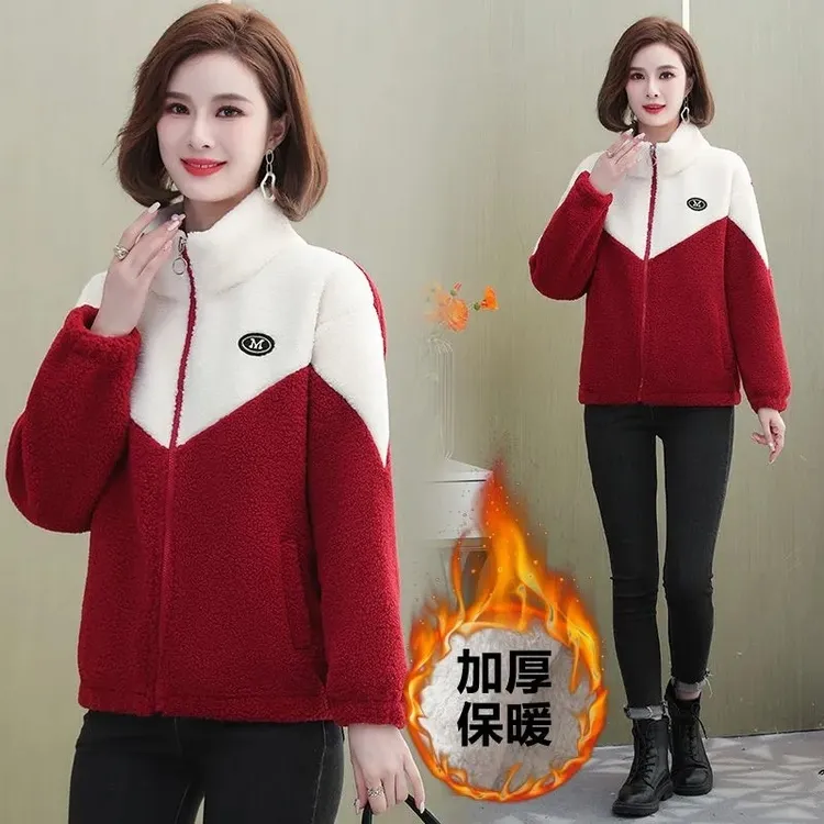 加绒加厚颗粒绒外套女韩版宽松2023秋冬季保暖羊羔绒时尚拼接上衣