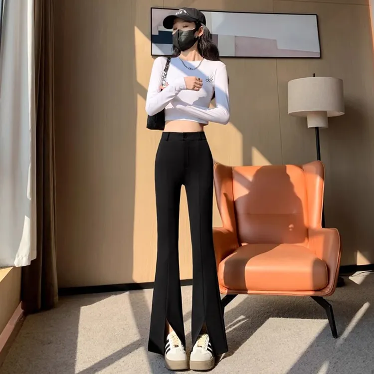 2024春夏喇叭裤女开叉阔腿裤休闲高腰九分小个子微喇西装拖地长裤