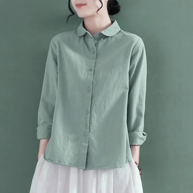秋季新款纯棉衬衫大码复古长袖棉麻宽松衬衣洋气洋气衣服女