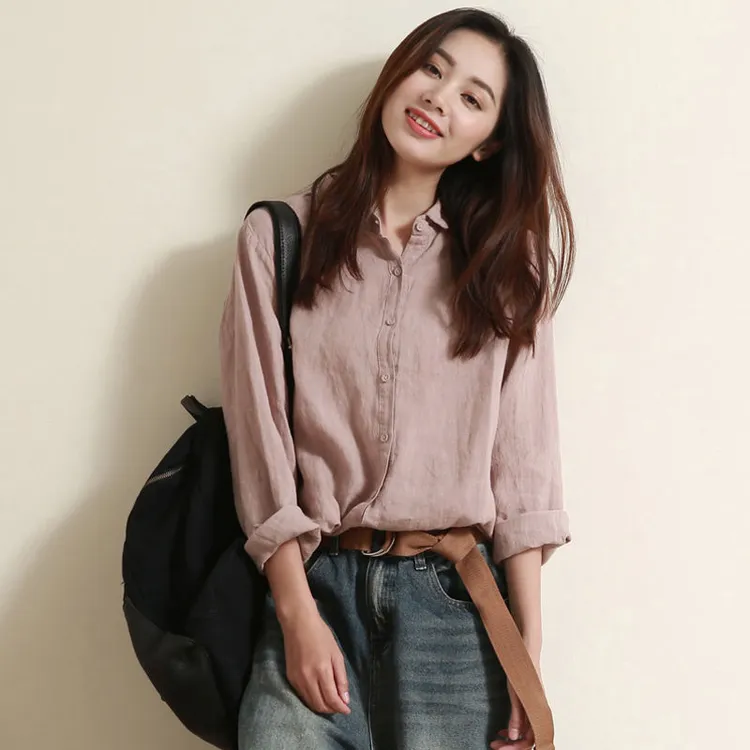 纯棉长袖衬衫上衣春秋季新款纯色大码休闲宽松百搭洋气衣服女装