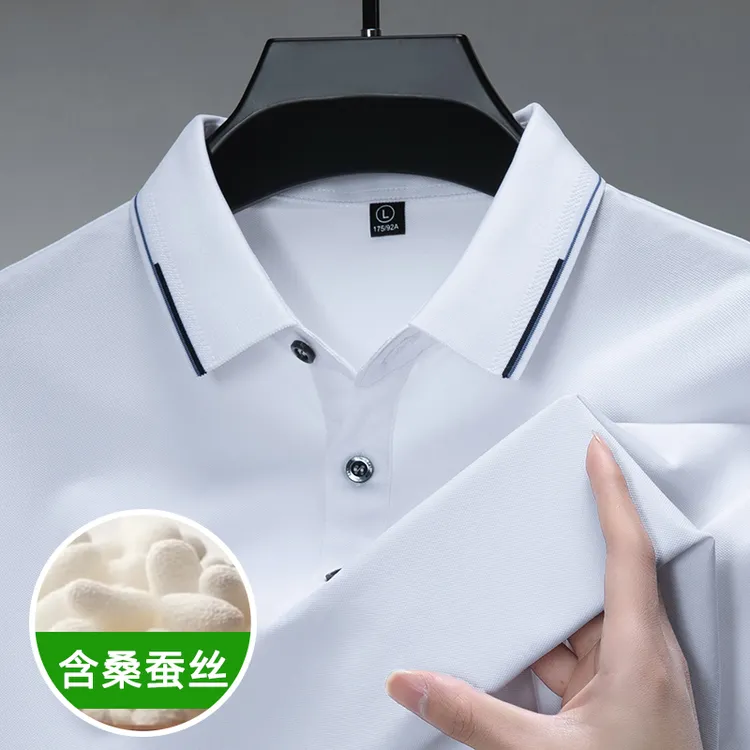 【法国正品轻奢限购】时尚中年男士高档刺绣桑蚕丝POLO衫透气百搭