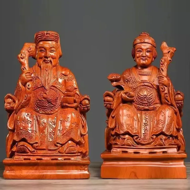 花梨木雕福德正神一对土地公土地婆神像实木质手工不同颜色工艺品