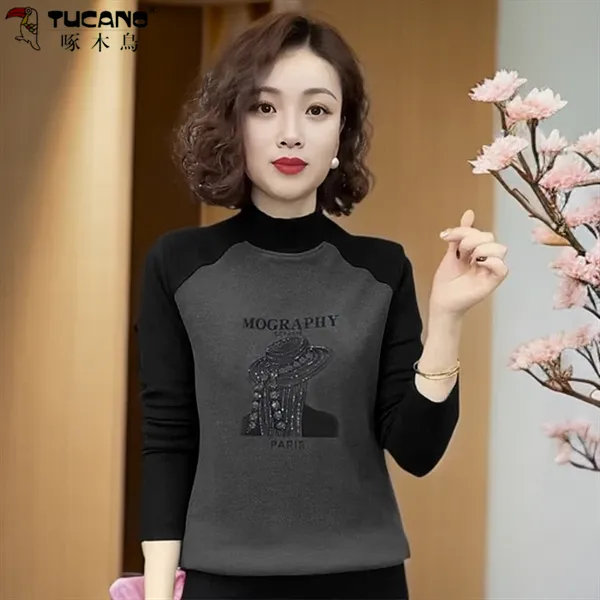 啄木鸟双面德绒减龄新款上衣女长袖T恤气质打底衫半高领女士显瘦