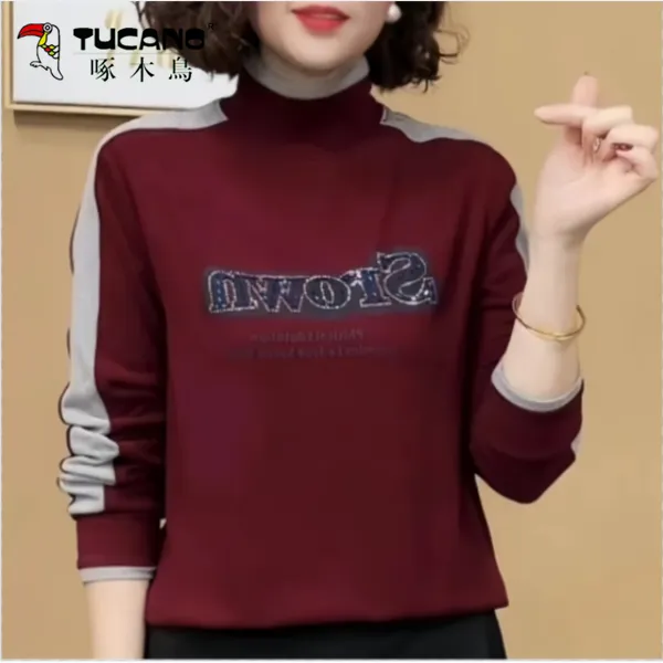 【啄木鳥】半高领妈妈装长袖打底女上衣2024秋冬时尚洋气百搭休闲