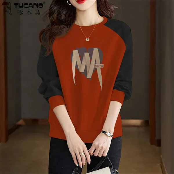 【啄木鳥】纯棉秋冬加绒加厚宽松圆领卫衣女设计感插肩长袖拼接