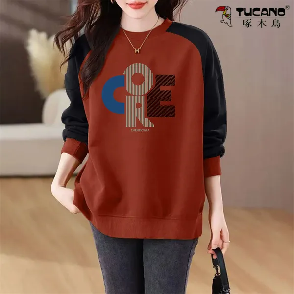 【啄木鳥】纯棉加绒加厚圆领卫衣秋冬女设计感插肩长袖宽松拼接