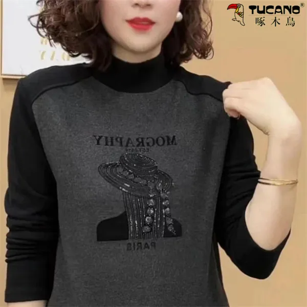 啄木鸟现货双面德绒打底衫气质新款上衣女半高领女士显瘦T恤长袖