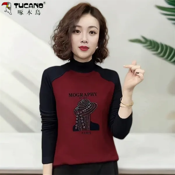 啄木鸟正品现货双面德绒减龄上衣女长袖T恤气质打底衫半高领女士