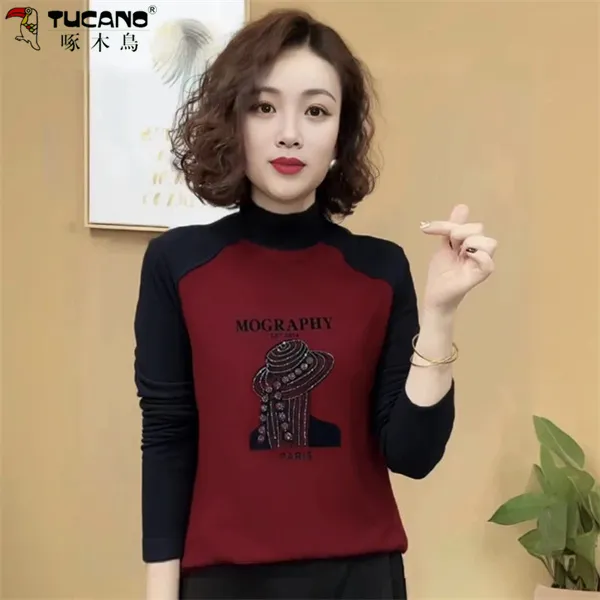 【啄木鳥现货】秋冬新款保暖双面绒打底衫半高领长袖妈妈装上衣女