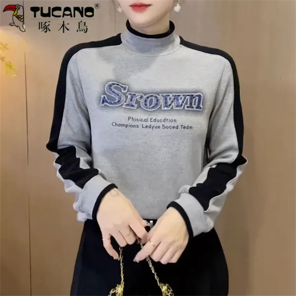 【啄木鳥】女装秋冬季双面绒字母洋气百搭气质保暖长袖打底时尚上衣