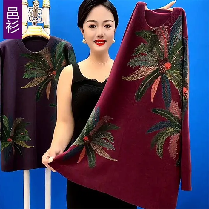 妈妈秋冬中长款针织打底衫中老年女宽松洋气圆领时尚大码上衣毛衣