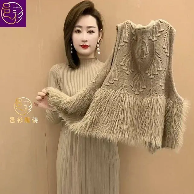 秋冬洋气中长款针织连衣裙妈妈装秋装新款马甲背心裙子两件套装