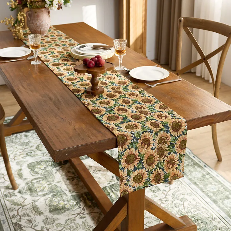 复古提花向日葵桌旗美式餐边柜旗布艺提花茶几电视柜长条尾巾