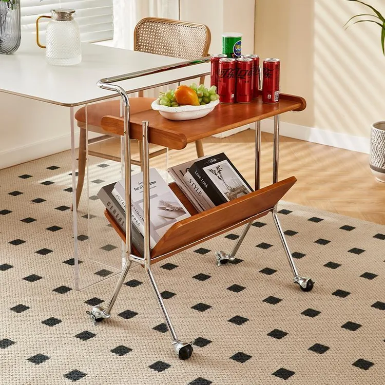 北欧复古移动边几客厅沙发床头置物架实木餐车中古小推车