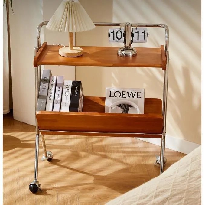 实木北欧复古中古色移动边几客厅沙发床头置物架餐车中古小推车