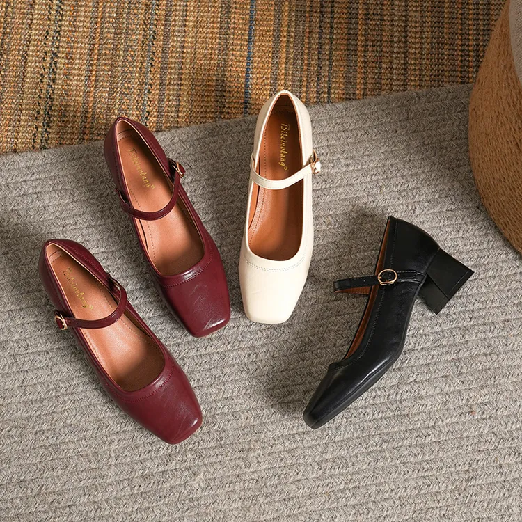 粗跟复古玛丽珍鞋真皮女皮鞋秋季新款时尚简约一字带方跟法式方头