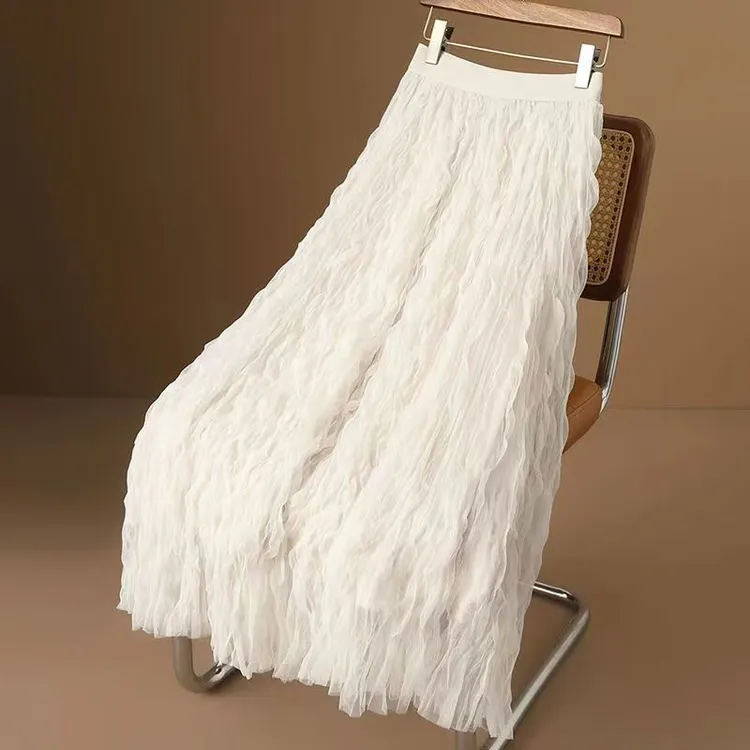 温柔超仙褶皱网纱半身裙2025春夏新款高腰显瘦中长款纱裙长裙子