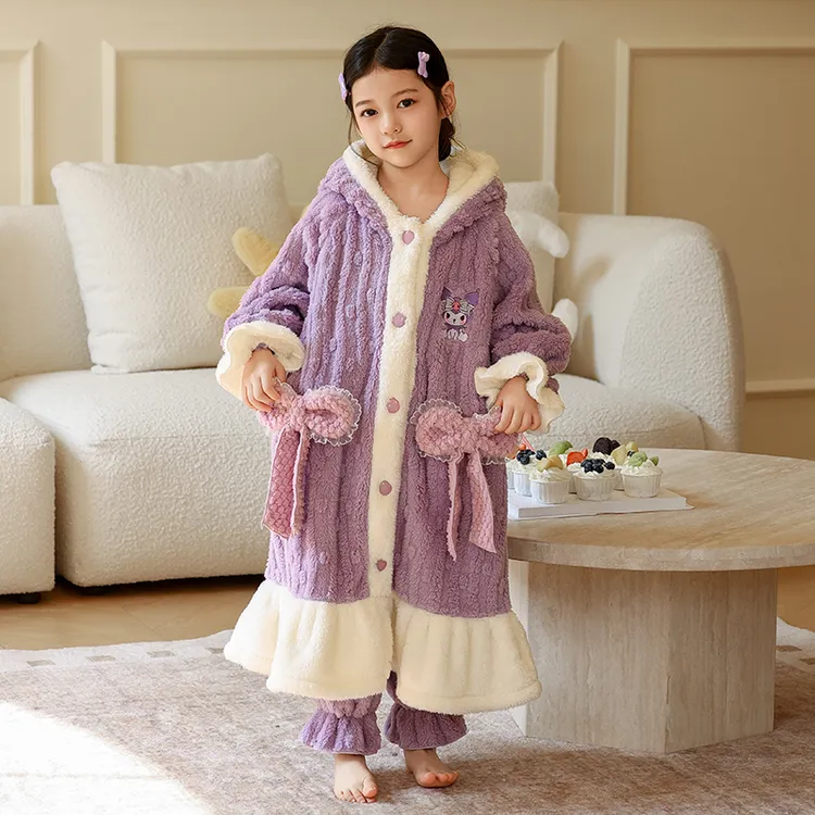女童睡衣冬季法兰绒睡袍中大童加厚儿童中长款家居服套装2264